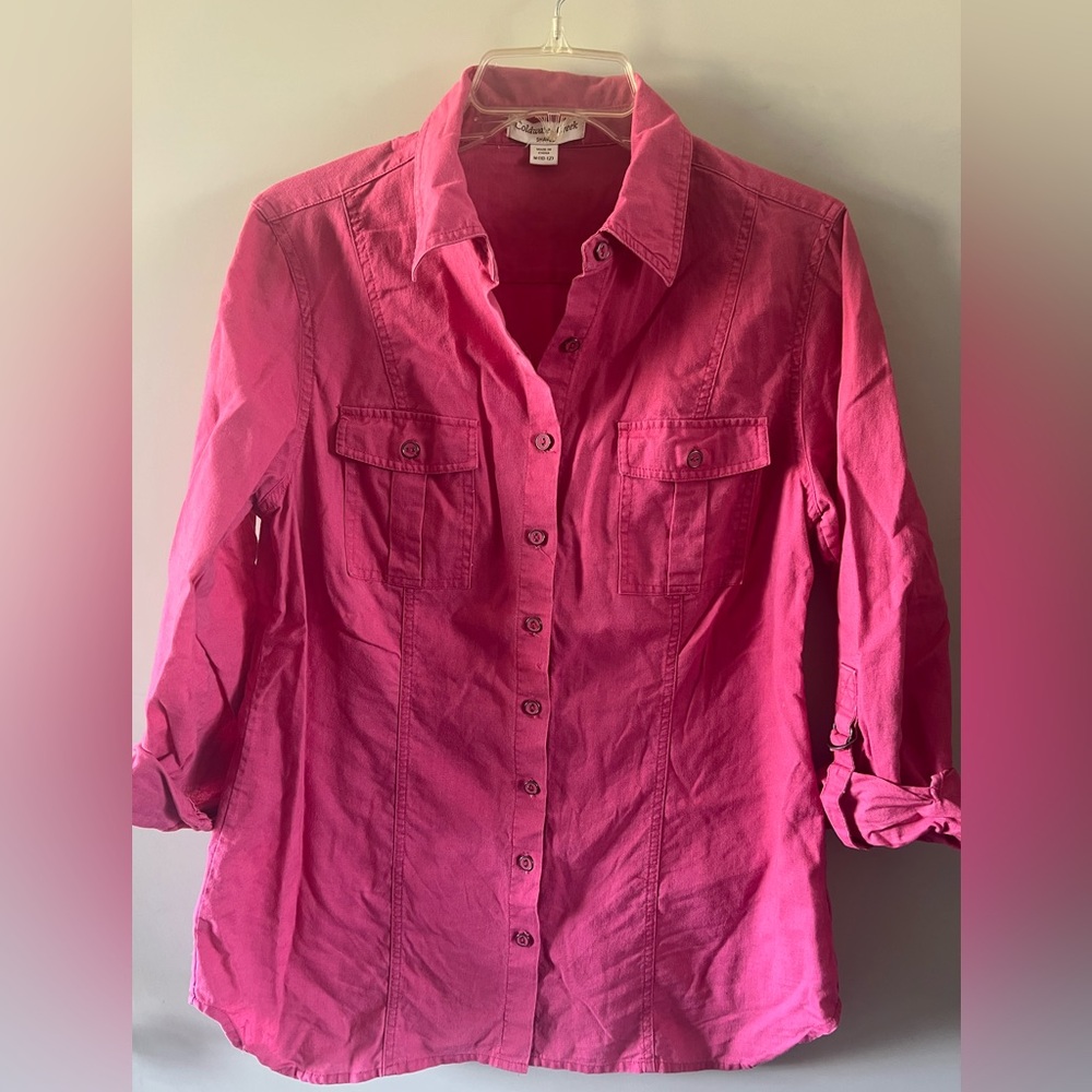 Coldwater Creek Women Medium Pink Utility Button Down Shirt Roll Tab 3/4 Sleeve